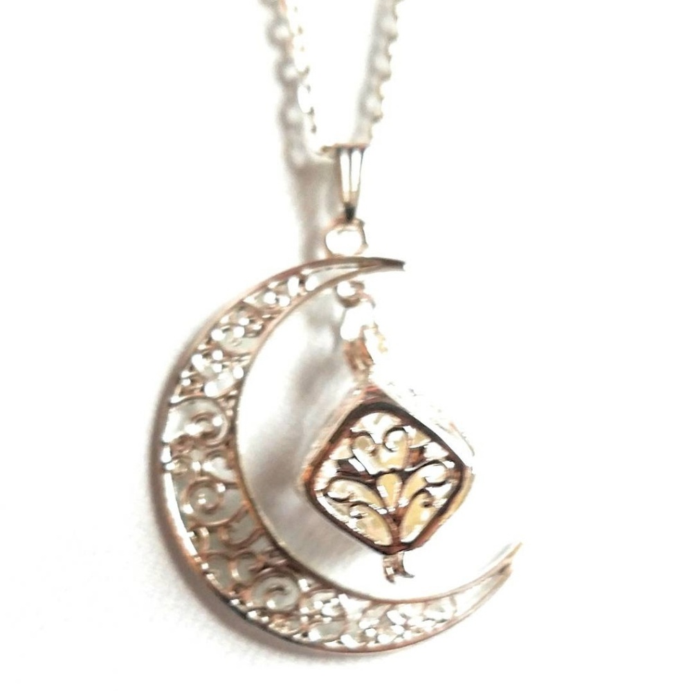 Crescent Moon Glow Necklace - Blue Green - Silver - Picture 3 of 3